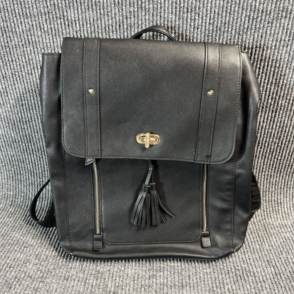 Faux Leather Black Backpack Laptop Bag Casual Work Business Pockets Straps 16x15